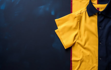 Yellow and red polo shirt on dark blue background with copy spaceの素材