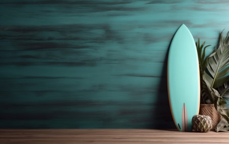 Surfboard in front of a blue wooden wall. 3d renderingの素材