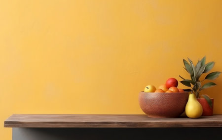Wooden bowl with fruit on table against yellow wall. Space for textの素材