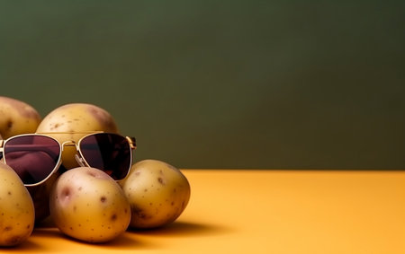 Potatoes with sunglasses on a yellow-green background. Place for text.の素材