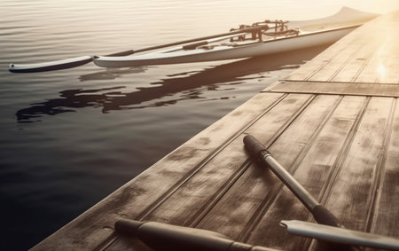 Kayak and paddle on the wooden pier at sunset. Sport and recreation concept.の素材