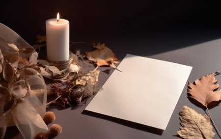 Blank greeting card with autumn leaves and candle on black background.の素材