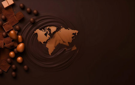Chocolate background with world map and chocolate candies, top viewの素材