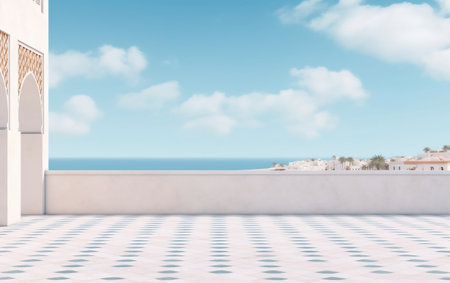 White terrace with sea view and blue sky. 3d renderingの素材