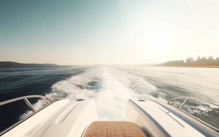 White speed boat on the lake in the morning. Landscape.の素材