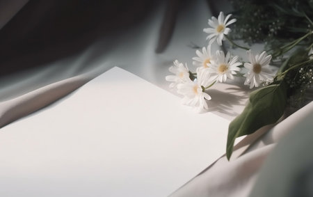 Bouquet of daisies and a sheet of paper on the tableの素材