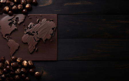 Chocolate world map with chocolate candies on dark wooden background.の素材