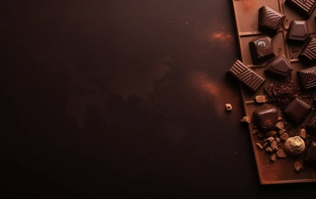 Dark and milk chocolate on a dark background. Top view. Copy-space.の素材