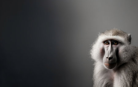 Portrait of a baboon monkey on a dark background with copy spaceの素材