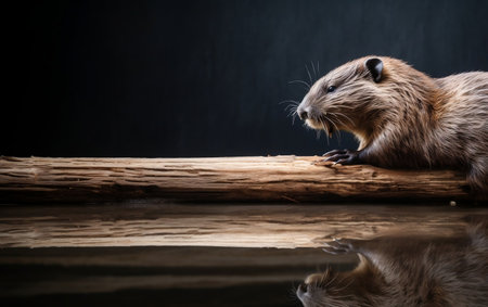 Coypu on a wooden log on a dark background. Studio shot.の素材