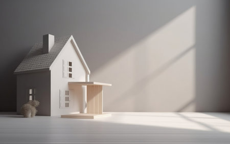 3D rendering of a house in a room with light from the windowの素材