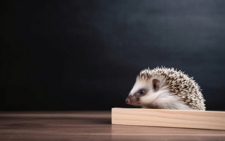 hedgehog in wooden box on black background, space for textの素材