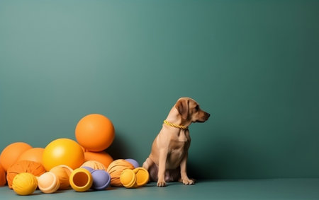adorable little labrador retriever puppy sitting near colorful balls on greenの素材