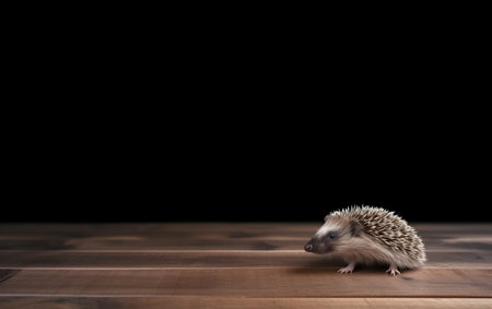 cute little hedgehog on wooden table, isolated on black backgroundの素材