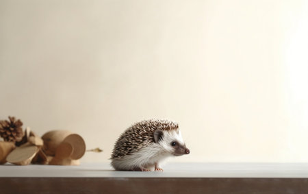 Cute little hedgehog on table against light background. Space for textの素材