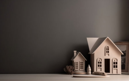 Wooden toy house on gray wall background. Real estate concept.の素材