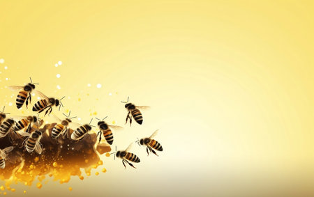 Honey bees flying over yellow background with copy space. Vector illustration.の素材