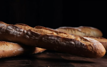 Freshly baked baguettes on a dark background. Close up.の素材