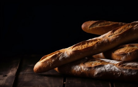 Freshly baked baguettes on wooden table. Dark background.の素材
