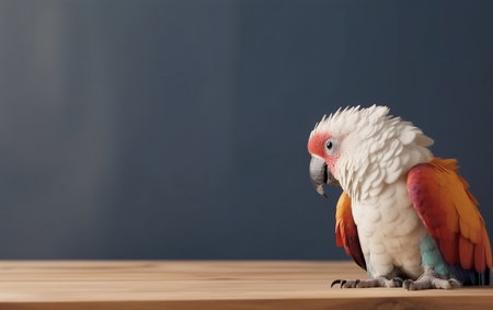 White and orange parrot sitting on a wooden table with copy spaceの素材