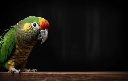 Beautiful colorful parrot isolated on black background with copy space.の素材