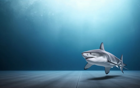 Great white shark swimming in the water. 3d render illustration.の素材