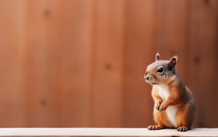 Portrait of a squirrel sitting on a wooden table in front of a wooden wallの素材