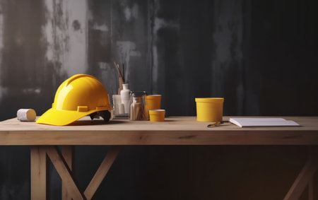 Workplace of architect with yellow hard hat on table in modern officeの素材