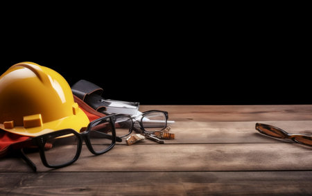 Safety equipment on a wooden table against a black background with copy spaceの素材