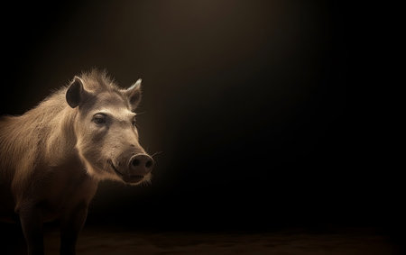 Portrait of a wild boar on a dark background with copy spaceの素材