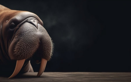Walrus on a wooden table with smoke in the background. 3d renderingの素材
