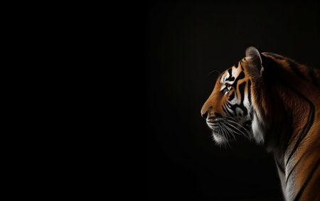 Close up of tiger on black background with copy space, side viewの素材