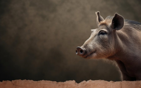 Portrait of a pig on a dark background with space for textの素材