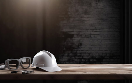Safety glasses and hard hat on wooden table in front of brick wallの素材