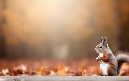 Squirrel sitting on a wooden board in the autumn forest with fallen leavesの素材