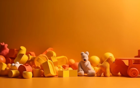 Colorful plastic toys on a yellow background. The concept of children's toys.の素材