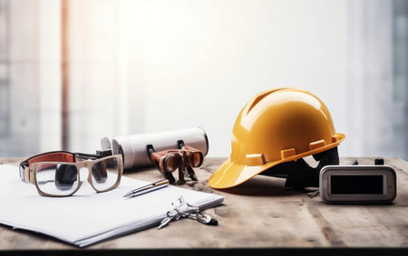 Standard construction safety equipment including hardhat, safety glasses, rolled up blueprints and other objects.の素材