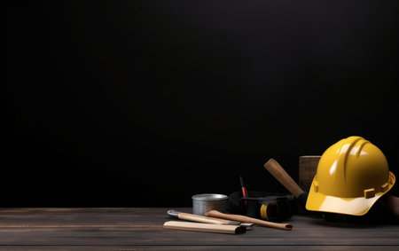 Construction tools on wooden table against black background. Copy space for textの素材