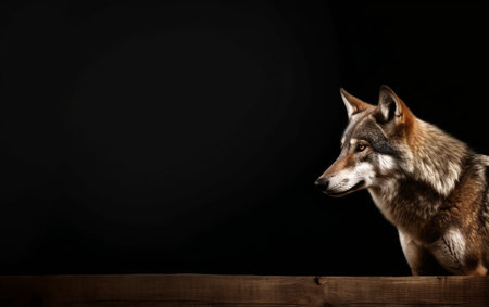 Studio shot of a wolf against a black background with copy space.の素材
