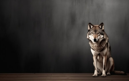 Portrait of a wolf in front of a dark background with copy spaceの素材