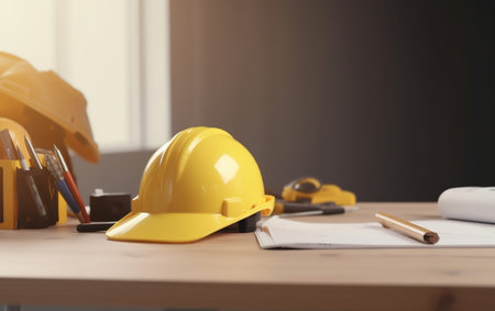 Close up of yellow hard hat and construction tools on desk in officeの素材