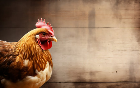 chicken on a wooden background with space for text or image.の素材