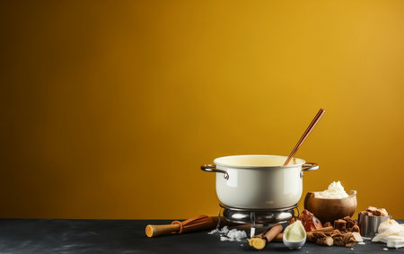Composition with fondue pot and ingredients on table against color backgroundの素材