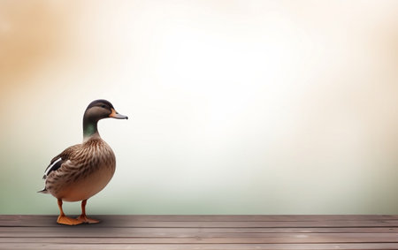 Duck on wooden pier with bokeh background,3d renderの素材