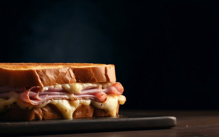 sandwich with ham, cheese and mayonnaise on black backgroundの素材