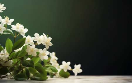 Beautiful jasmine flowers on wooden table, space for textの素材
