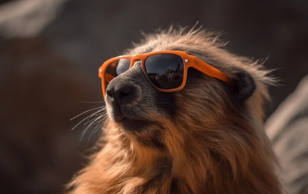 Portrait of a dog with sunglasses on the background of rocks.の素材
