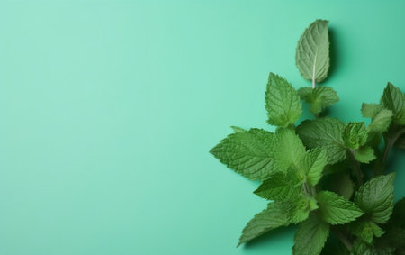 Fresh mint leaves on green background, top view with copy space.の素材