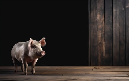 Cute pig standing on wooden floor and looking at camera over dark backgroundの素材