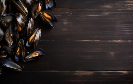 Mussels on a wooden background. Top view with copy space.の素材